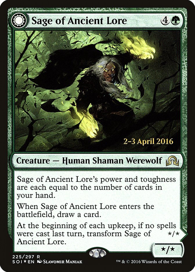 Sage of Ancient Lore // Werewolf of Ancient Hunger [Shadows over Innistrad Prerelease Promos] | Mindsight Gaming