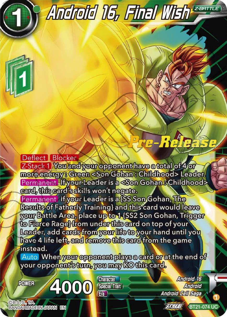 Android 16, Final Wish (BT21-074) [Wild Resurgence Pre-Release Cards] | Mindsight Gaming