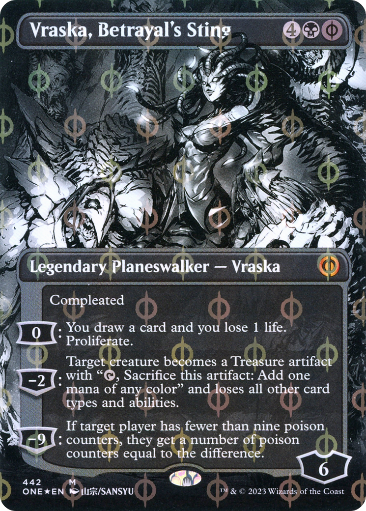 Vraska, Betrayal's Sting (Borderless Manga Step-and-Compleat Foil) [Phyrexia: All Will Be One] | Mindsight Gaming