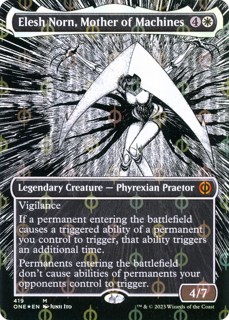Elesh Norn, Mother of Machines (Borderless Manga Step-and-Compleat Foil) [Phyrexia: All Will Be One] | Mindsight Gaming